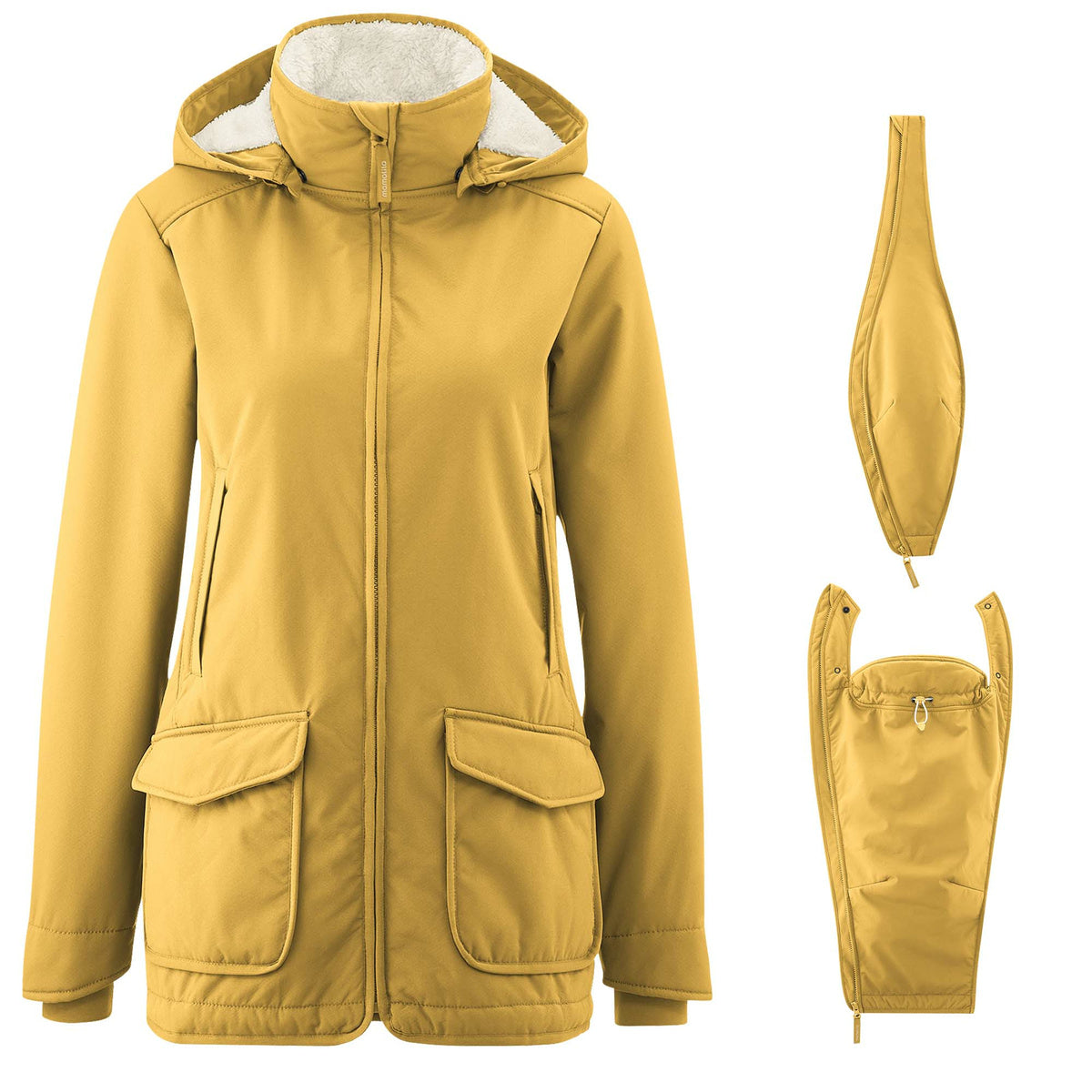 Mamalila Allwetter Tragejacke cosy allrounder in mustard with teddy fleece lining and foldable baby hood for winter weather protection