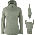 Mamalila Softshell-Tragejacke Allrounder fit in sage green, maternity and babywearing jacket with detachable baby carrier inserts, lightweight fleece-lined, water-resistant, recycled polyester.