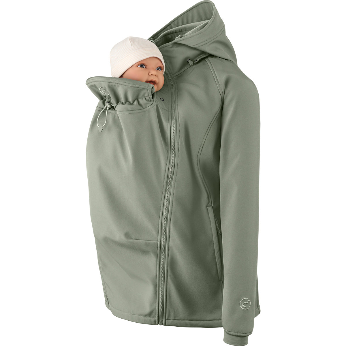 Mamalila Softshell-Tragejacke Allrounder fit in green with baby carrier panel, wind and rain protection, fleece-lined for warmth