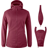 Mamalila Softshell-Tragejacke Allrounder fit in berry red, wind- and water-resistant maternity and babywearing jacket with fleece lining and detachable extensions for babywearing front or back.
