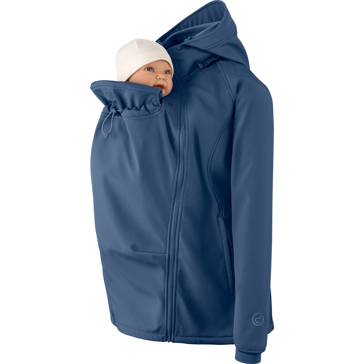 Mamalila Softshell-Tragejacke in blau für Schwangerschaft und Babytragen mit Kapuze und Fleecefutter