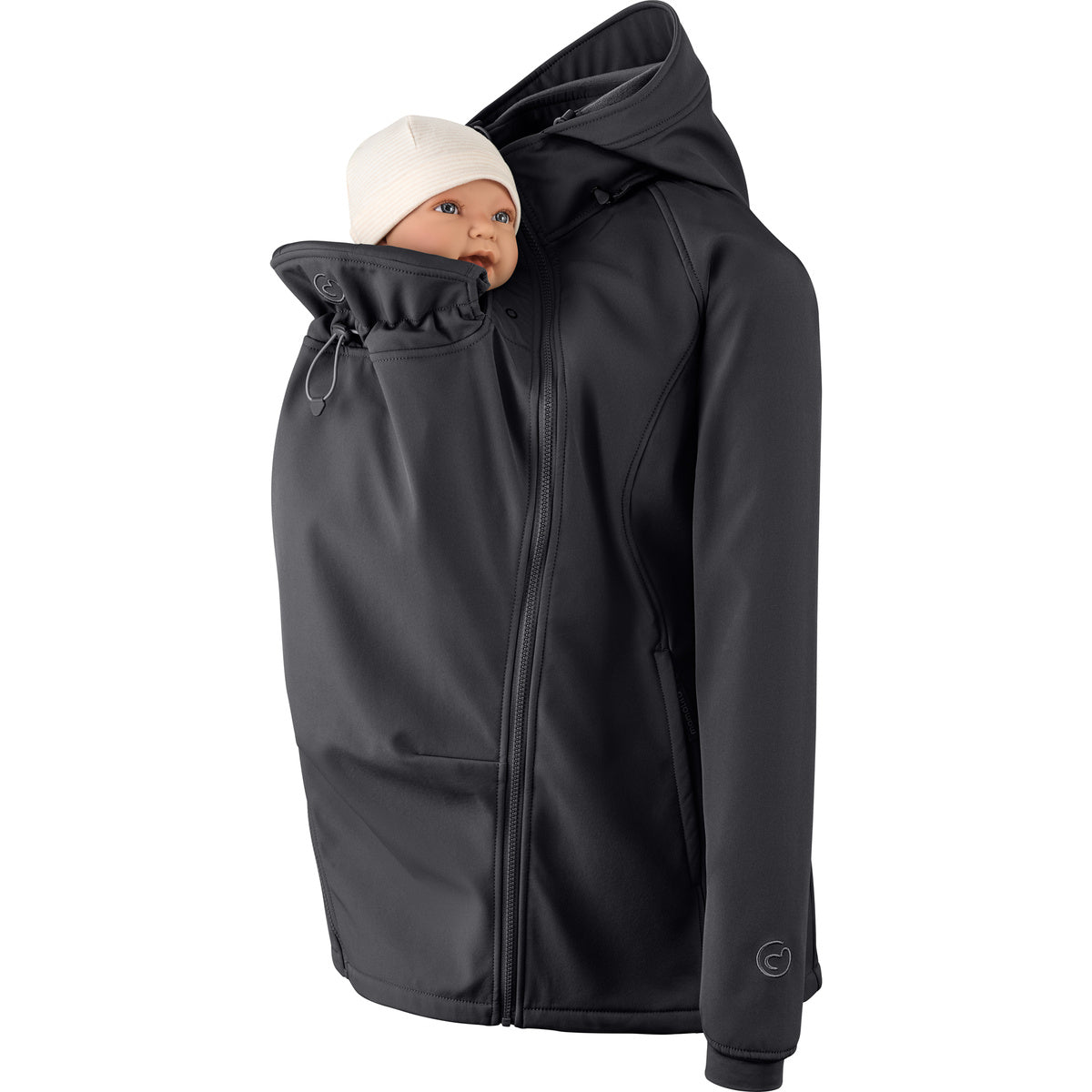 Mamalila Softshell-Tragejacke schwarz mit Babytragefunktion wind- und regenabweisend für Schwangerschaft und Babytragen