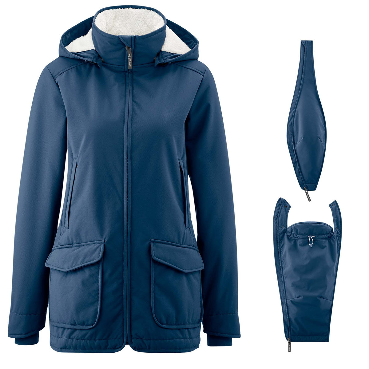 Mamalila Allwetter Tragejacke navy blue with teddy fleece lining, foldable baby hood, waterproof and windproof maternity and babywearing parka jacket
