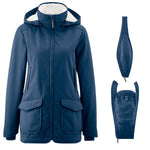Mamalila Allwetter Tragejacke navy blue with teddy fleece lining, foldable baby hood, waterproof and windproof maternity and babywearing parka jacket