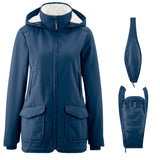 Mamalila Allwetter Tragejacke navy blue with teddy fleece lining, foldable baby hood, waterproof and windproof maternity and babywearing parka jacket