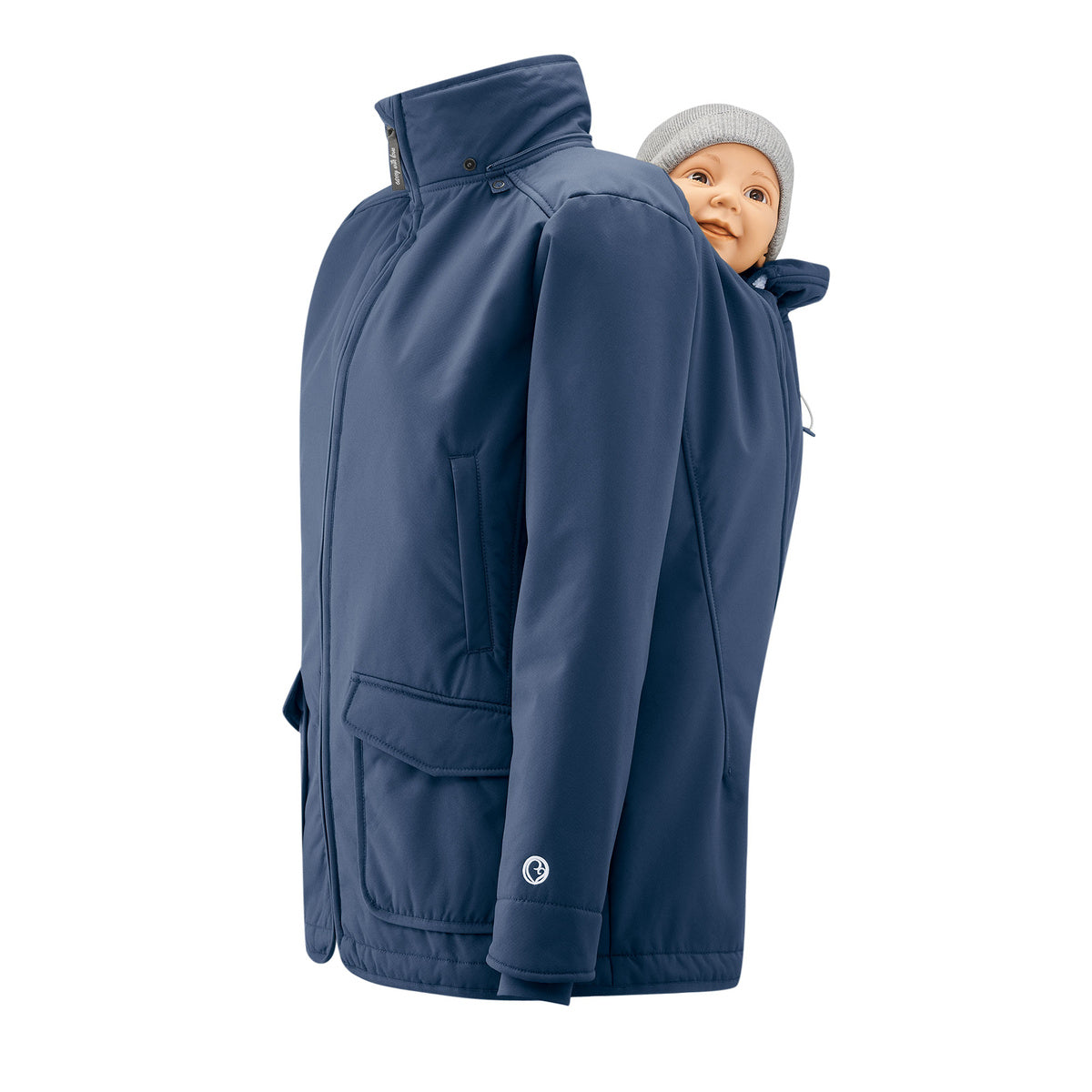Mamalila Allwetter Tragejacke blau mit Teddyfutter und Babykapuze, winddicht und wasserabweisend