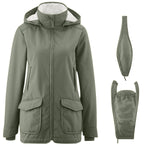 olive green Mamalila Allwetter Tragejacke with teddy fleece lining and detachable baby-carrying insert and hood