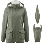 olive green Mamalila Allwetter Tragejacke with teddy fleece lining and detachable baby-carrying insert and hood