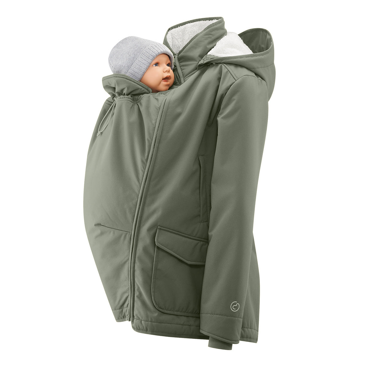 Mamalila Allwetter Tragejacke in grün mit Teddyfutter und Babykapuze, winddicht und wasserabweisend ideal für das Tragen von Babys im Winter