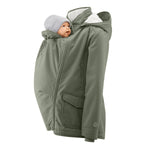 Mamalila Allwetter Tragejacke in grün mit Teddyfutter und Babykapuze, winddicht und wasserabweisend ideal für das Tragen von Babys im Winter