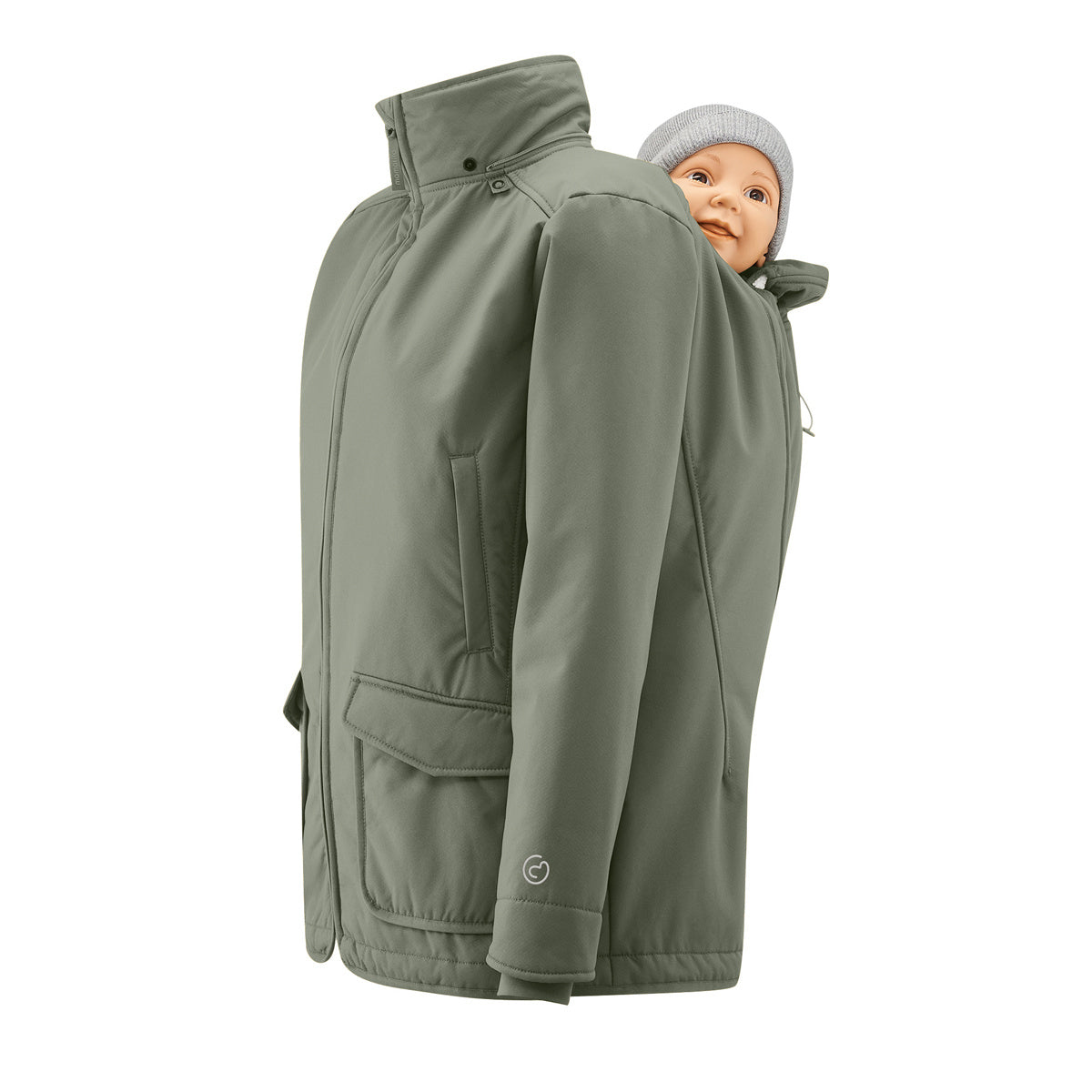 Mamalila Allwetter Tragejacke in grün mit Teddyfutter und abnehmbarer Babykapuze für Babytragen