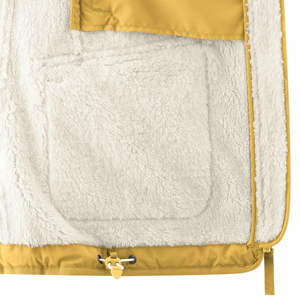 Interior view of Mamalila Allwetter Tragejacke showing warm teddy fleece lining and mustard yellow outer fabric