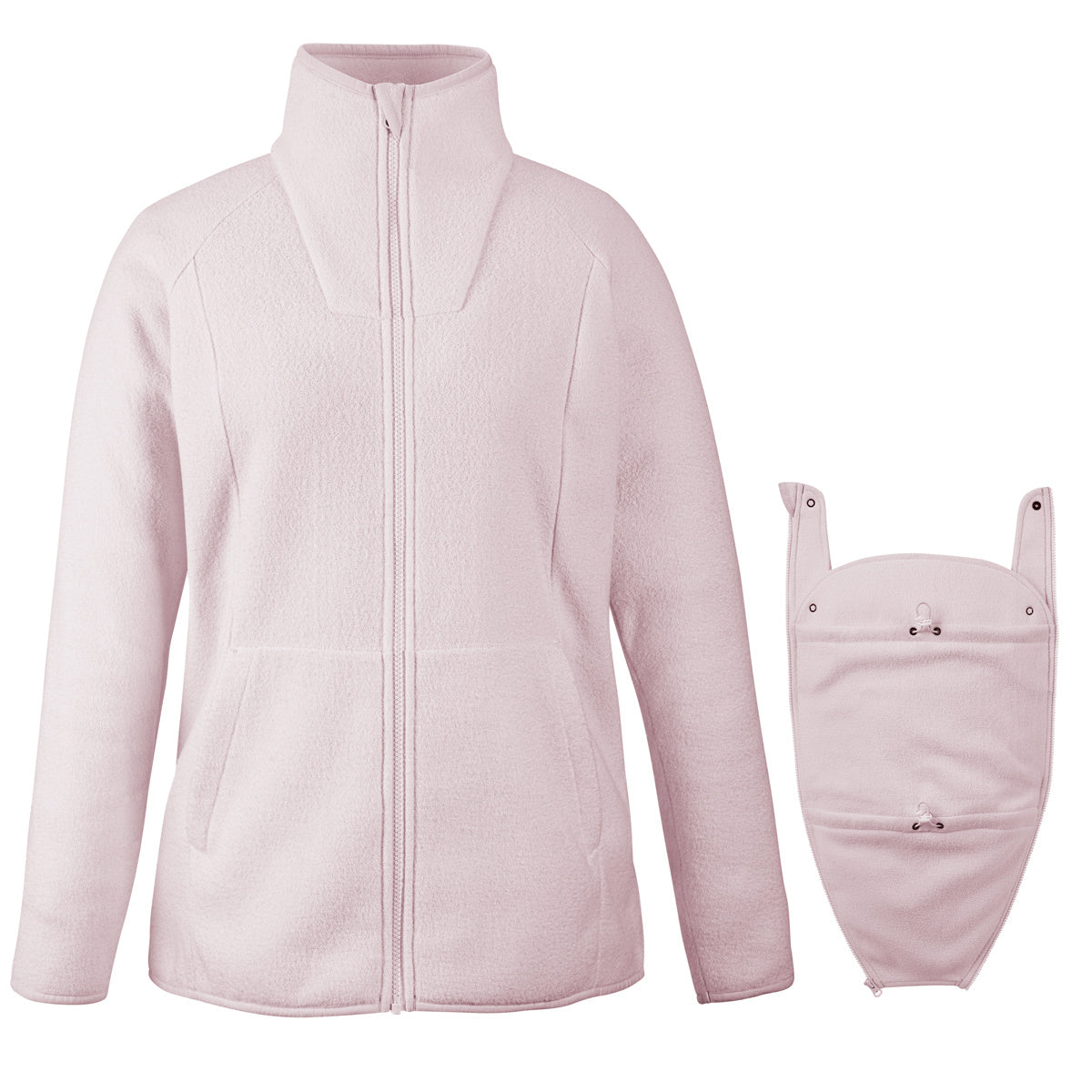 Mamalila Fleece Tragejacke aus atmungsaktivem Micro-Sherpa-Fleece für Schwangerschaft und Babytragen in hellrosa mit Nackenschutz und separatem Einsatz für Babys