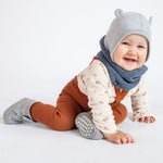 Baby wearing grey Mamalila Loopschal soft neck warmer for children 1-3 years