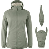 Mamalila Softshell-Tragejacke in grün mit Kapuze, weichem Fleecefutter, wind- und wasserdichtem Material, vielseitig für Schwangerschaft und Babytragen.