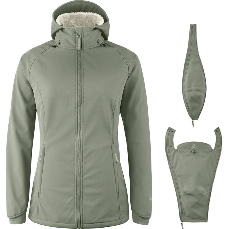 Mamalila Softshell-Tragejacke in grün mit Kapuze, weichem Fleecefutter, wind- und wasserdichtem Material, vielseitig für Schwangerschaft und Babytragen.