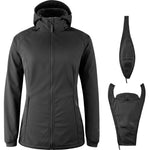 Mamalila Softshell-Tragejacke in Schwarz mit Kapuze, wasserabweisendem Material und weichem Fleecefutter, vielseitig nutzbar.