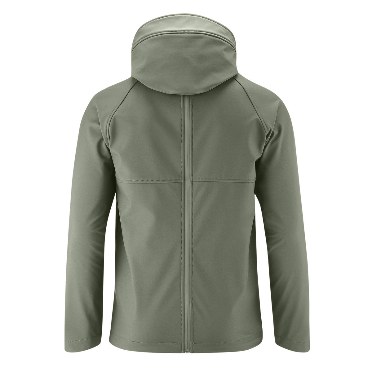 Back view of a green Mamalila Softshell Tragejacke men's babywearing jacket with adjustable hood and fleece lining