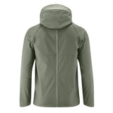 Back view of a green Mamalila Softshell Tragejacke men's babywearing jacket with adjustable hood and fleece lining