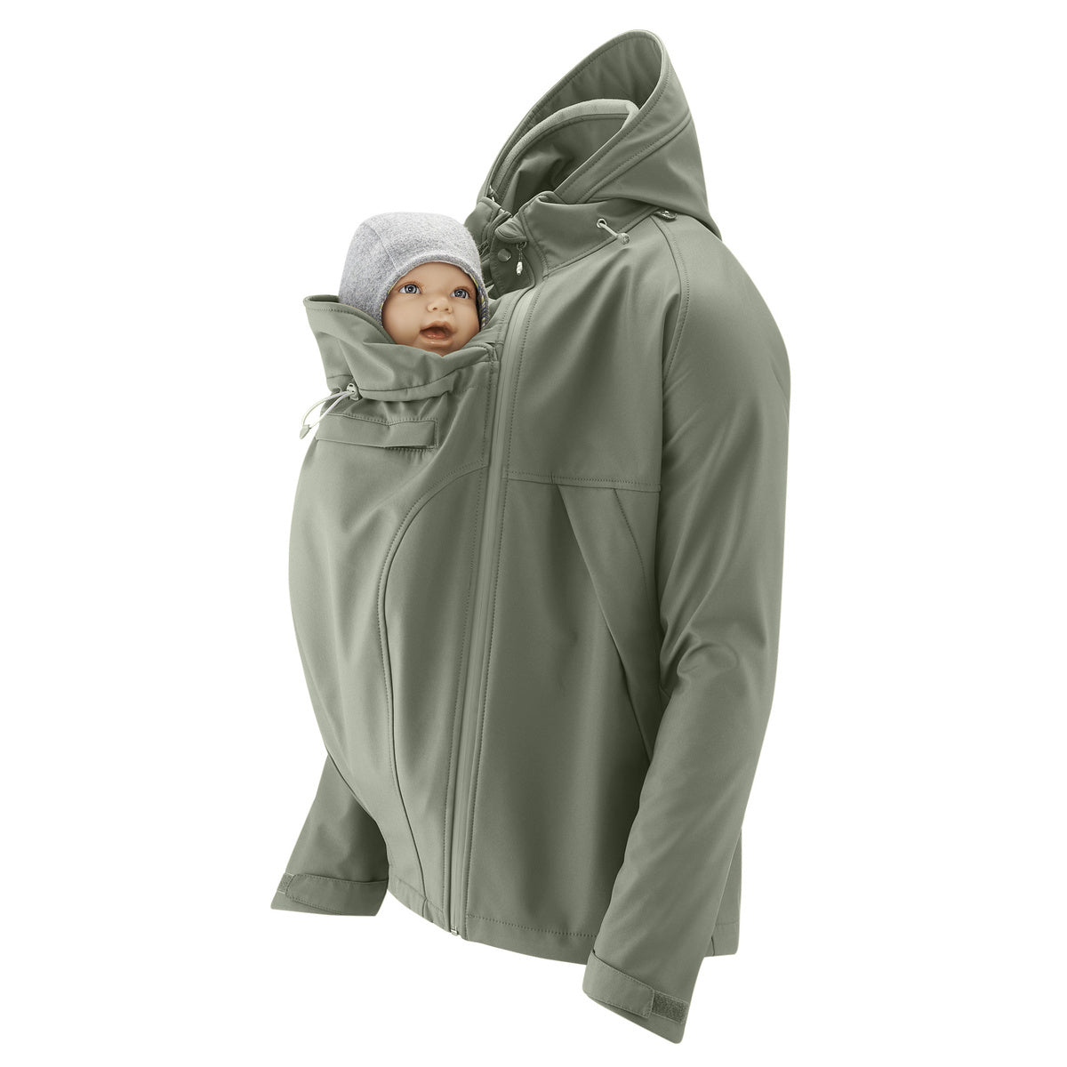 Mamalila Softshell Tragejacke for men in green with baby carrying hood and fleece lining