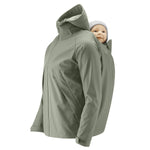 Mamalila Softshell Tragejacke for men in green with integrated baby carrier and foldable baby hood
