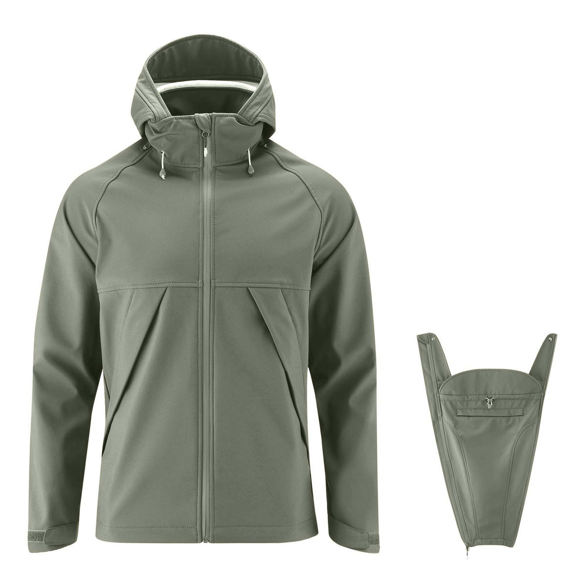 Mamalila Softshell Tragejacke men's allrounder jacket with foldable baby hood and fleece lining in olive green