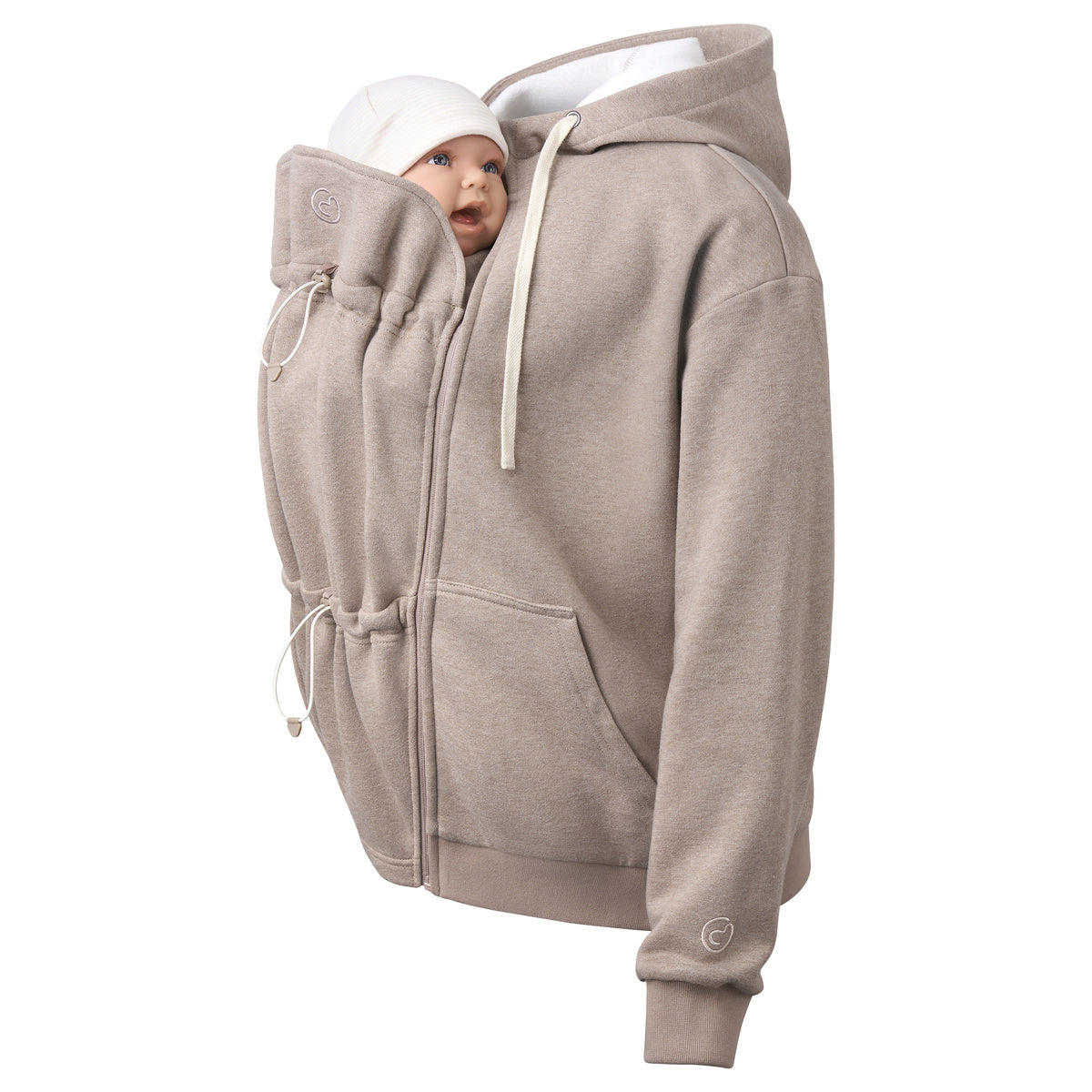 Mamalila Sweat-Tragejacke London in beige with baby carrier front pocket, soft organic cotton hoodie for babywearing and pregnancy