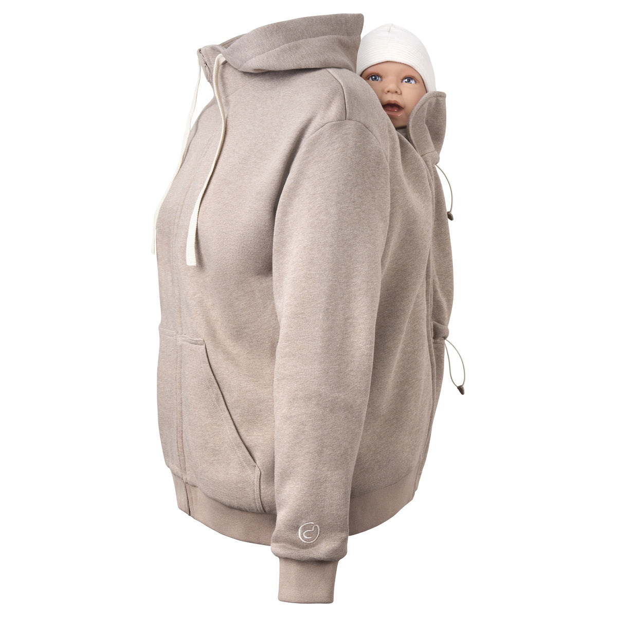 Mamalila Sweat-Tragejacke in beige aus 100% Bio-Baumwolle mit Babytragefunktion und Nackenschutz, gemütlich und leger geschnitten