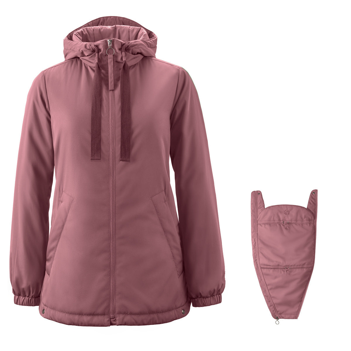 Stylische Mamalila Tragejacke Boston in Rosa mit verstellbarem Nackenschutz und Schwangerschaftseinsatz aus recyceltem Polyester