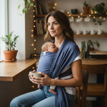 Leinentragetuch INDIGO in Blau aus 100% Leinen mit Baby sicher getragen