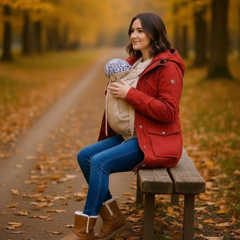 Mutter trägt Baby mit Storchenwiege Tragecover im Herbst im Park