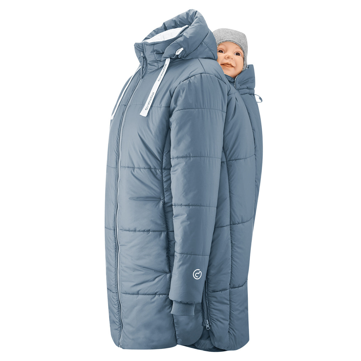 Mamalila Winter-Tragemantel Copenhagen in blau, warm wattierter Steppmantel für Babytragen, mit Kapuze und Reißverschlusstaschen, geeignet für Minusgrade.